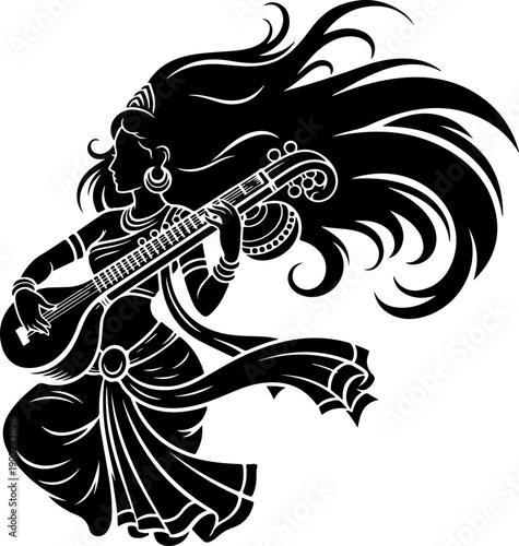 Elegant Black Silhouette Hindu Music Deity