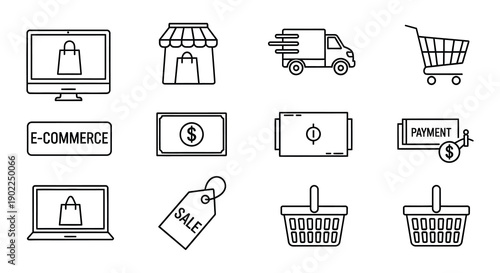 Collection of outline icons representing delivery shopping and payment options