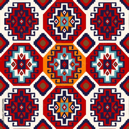 Foto Indian tribal fabric pattern is designed in a geoglyph-inspired style, featuring rich red and blue tones that contrast beautifully against a dark background
