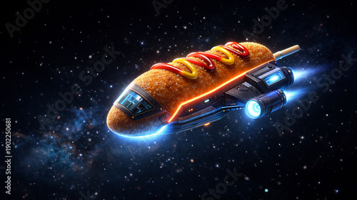 宇宙を航行するアメリカンドック型宇宙船、近未来SFフードコンセプト/Corn Dog Shaped Spaceship Flying Through Space, Futuristic Sci-Fi Food Concept Generative AI