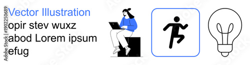 Workplace productivity, innovation, creativity, physical fitness, technology, lifestyle. Woman using a laptop, running icon and light bulb image. Productivity and innovation concept