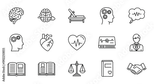 Mental health and wellbeing illustrated with various line icons
