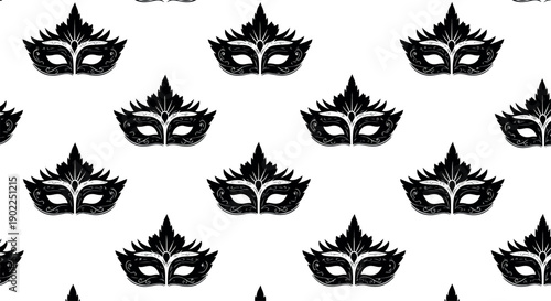 Pattern of multiple black masks with spiky hair on a white background, arranged in rows, with a minimalist and mysterious mood.