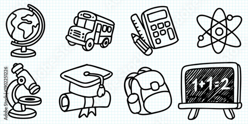 Back to School Hand Drawn Doodle Elements Collection on Grid Background