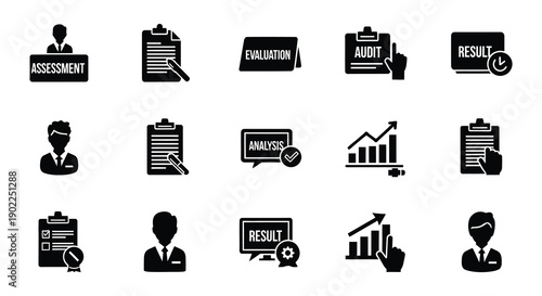 Black glyph icons representing assessment evaluation and data analysis