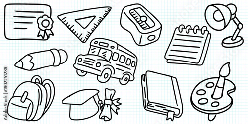 Education and School Supplies Doodle Set Vector Illustration.