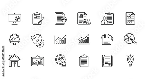 Collection of line art icons depicting communication media and public speaking