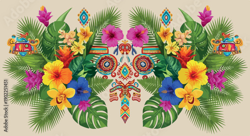 Vibrant floral arrangement with tropical leaves and colorful flowers on a beige background, symmetrical composition with a central decorative element.