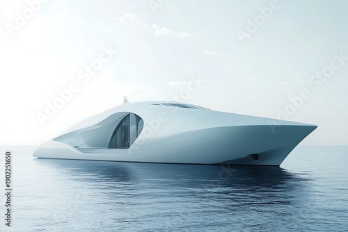 Immaculate all-white yacht with modern structure and minimal detailing, set against calm ocean backdrop 