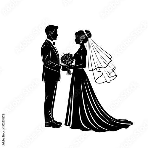 A black and white illustration of a bride and groom on their wedding day