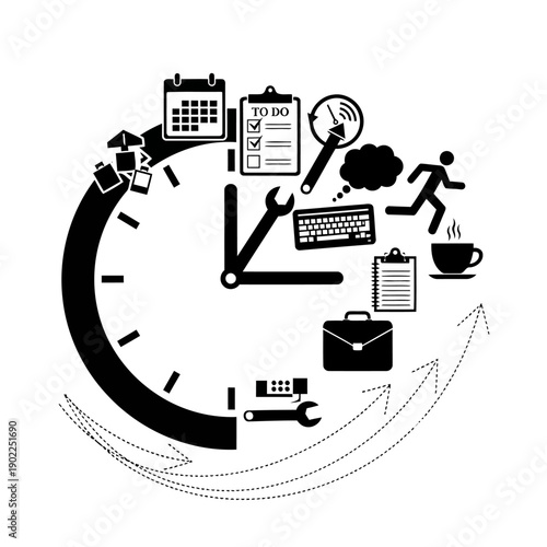 A black and white illustration of a clock with various business and productivity icons