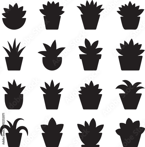 Black silhouettes of various potted plants on white background
