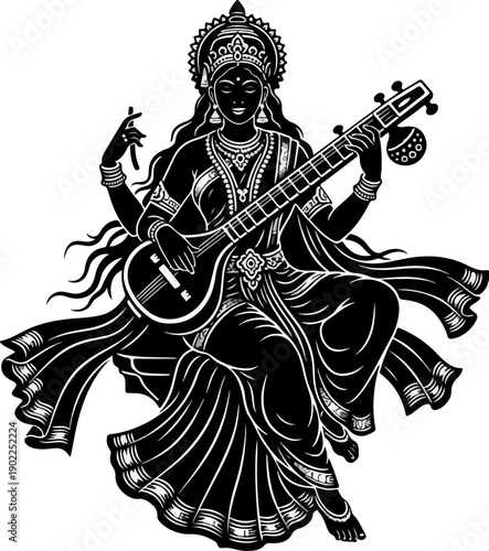 Elegant Black Silhouette Hindu Music Deity