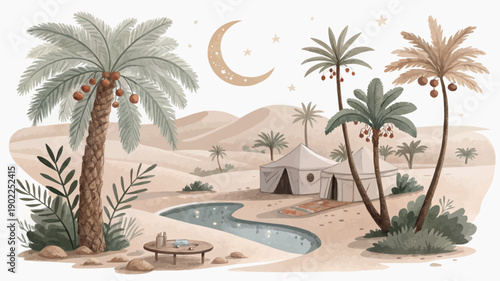 Desert oasis vector icon with palm trees tent and crescent moon at night