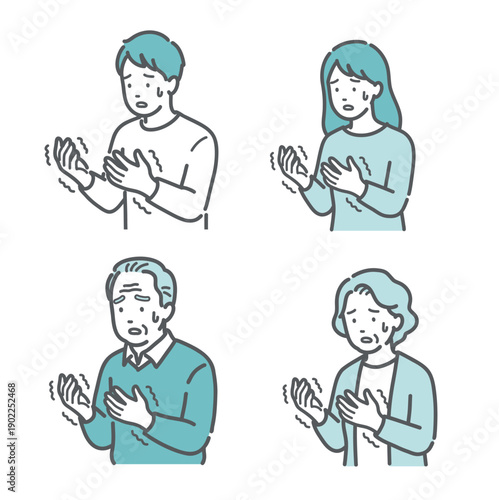 手の痺れ・震えに戸惑う老若男女のイラストセット（糖尿病・脳梗塞・パーキンソン病）