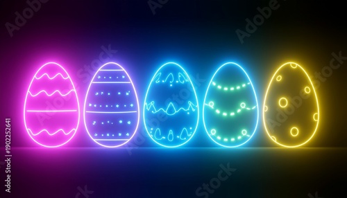 Five glowing easter eggs are displayed in a row with vibrant colors of pink purple blue green and yellow on a dark surface
