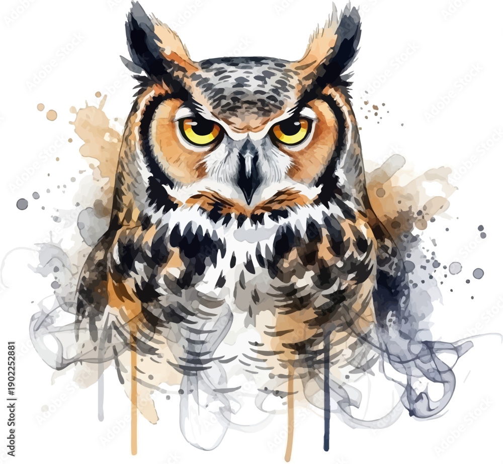 Obraz premium Majestic owl with vibrant yellow eyes against abstract watercolor background