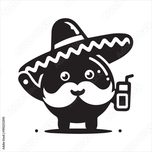 Cartoonish Mexican Character with Sombrero and Drink Silhouette.