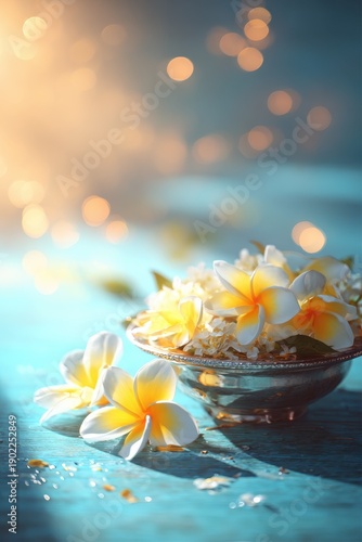 A silver bowl filled with white and yellow frangipani flowers sits on a blue wooden table. Soft golden bokeh lights create a dreamy atmosphere in the background of this floral scene.