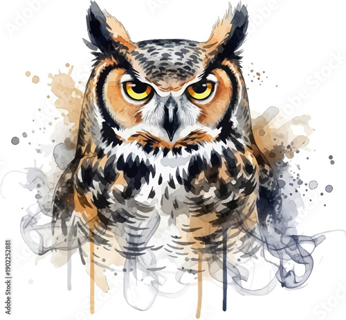 Majestic owl with vibrant yellow eyes against abstract watercolor background