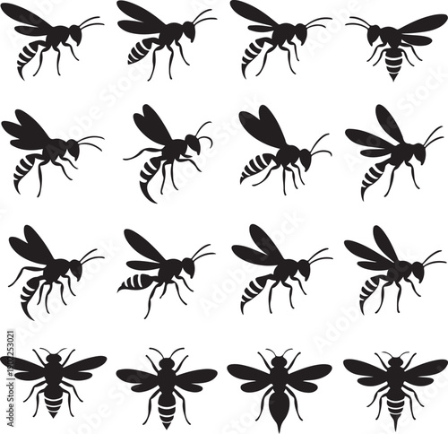 black silhouettes of wasps in various poses on white background