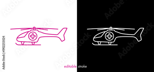 Abstract medical helicopter editable stroke icon,flying ambulance with medical cross. Creative medical icon to use for health industry, emergency, medical business, hospital, health science projects. 