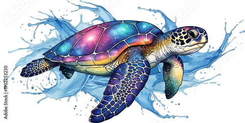 Vibrant sea turtle swimming through colorful ocean water with galaxy shellAdobe Illustrator Artwork