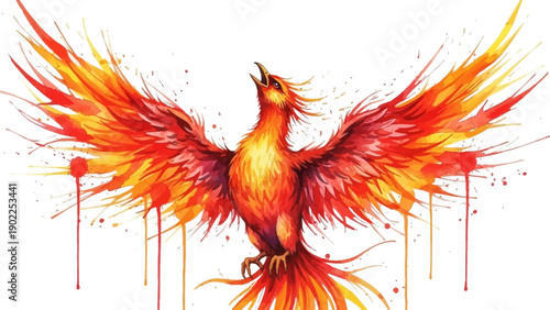 Vibrant phoenix rising with wings spread wide in fiery colors