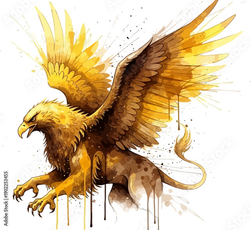 Golden Griffin with wings spread wide in dynamic artistic splatter