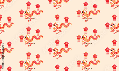 Chinese Lantern Festival pattern background with lanterns dragon and plum blossom meihua