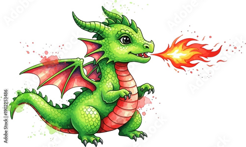 Vibrant green dragon breathing fire with dynamic wings and colorful splashes
