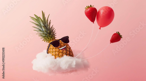Happy pineapple floating on cloud with balloons