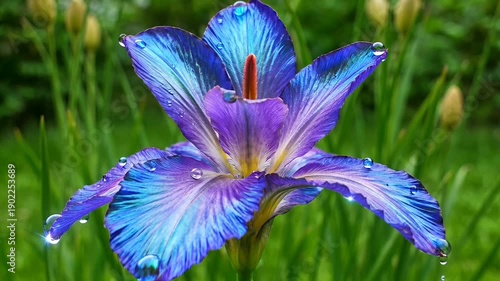 Iridescent purple iris flower with raindrops gleaming in sunlight
