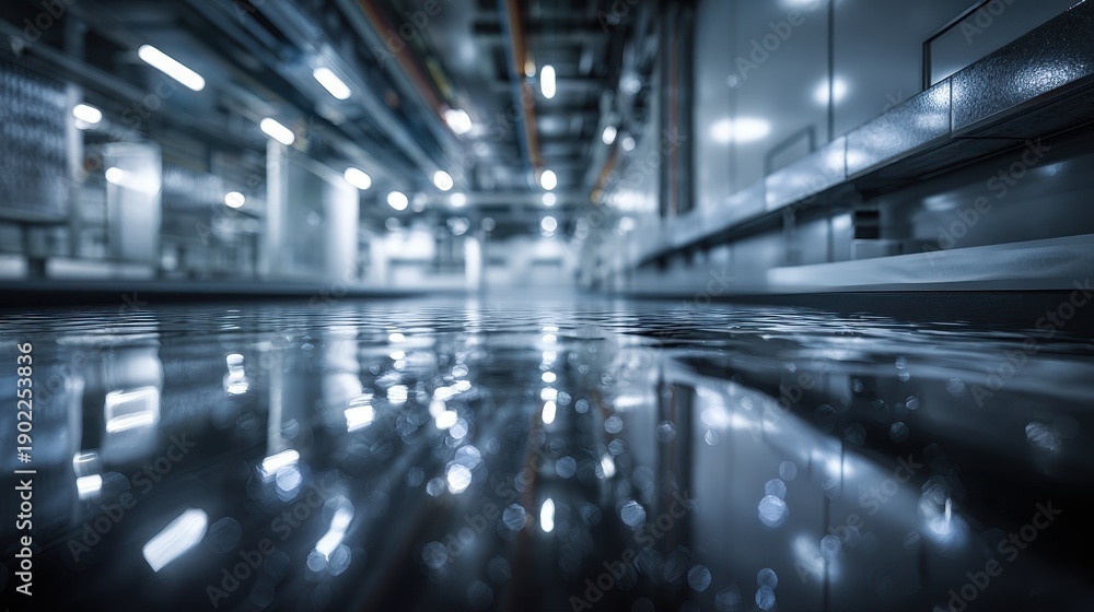 Obraz premium A low perspective view of a wet, reflective floor in a modern industrial facility or laboratory, featuring cool blue lighting and blurred background machinery with bokeh highlights.