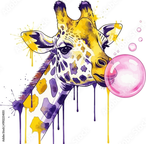 Vibrant giraffe portrait with pink bubblegum in playful artistic style