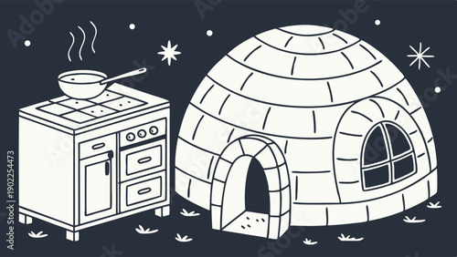 Igloo Snow House and Modern Kitchen Stove Cooking Dinner in Winter Night Line Art Illustration Extreme Weather Survival Home