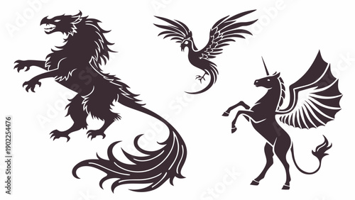 Fantasy Heraldic Creatures Silhouettes Dragon Unicorn Phoenix Set for Gaming and Logo Design Elements