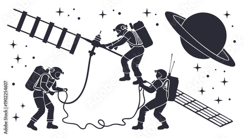 Engineering Teamwork in Space Astronauts Repairing Satellite Structure Climbing Ladder STEM Mission