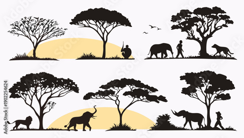 Detailed African Safari Silhouettes Set Vector Wildlife Animals Acacia Trees Lion Elephant Rhino Travel Adventure Design Elements
