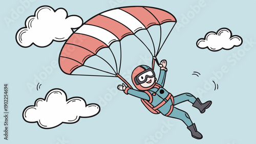 Smiling Cartoon Parachutist Gliding Safely Down Through Sky Clouds Risk Management Support Illustration Adventure Extreme Sport Activity