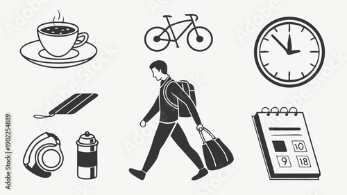 Work Life Balance and Daily Schedule Icons Set Commuter Fitness Routine Time Management and Morning Coffee Graphics