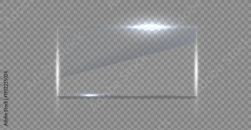 Flat glass plate, transparent banners, realistic screen glass, window mockup, clear glass showcase, glossy plastic glare frame, acrylic with glares and light, clear rectangular plate