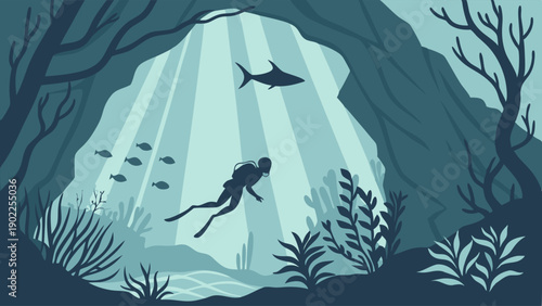 Scuba Diver Silhouette Exploring Deep Underwater Cave Grotto with Sunlight Beams Marine Life Adventure Travel Background Illustration