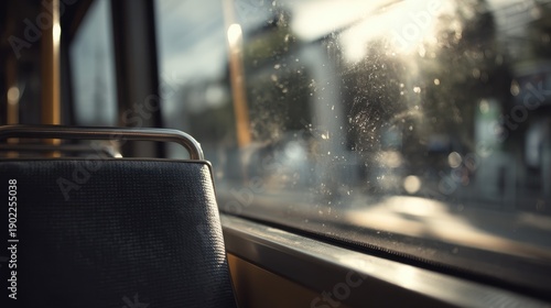 Sunlight filters through a dusty window of a public transport vehicle, illuminating a textured seat and metal handle. The background shows a blurred urban street scene.
