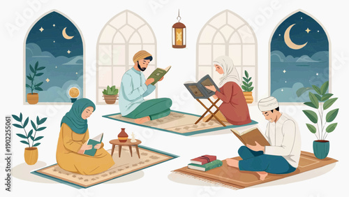 People reading quran at home in peaceful night setting with plants and lanterns