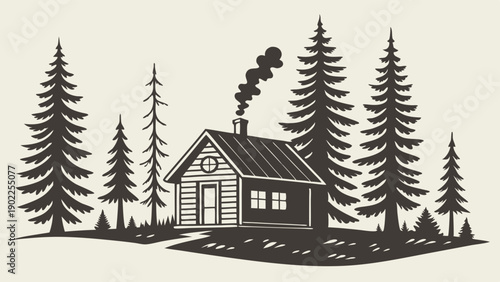 Rustic Log Cabin in Pine Forest Vintage Woodcut Illustration for Wilderness Retreat Travel and Outdoor Branding Design