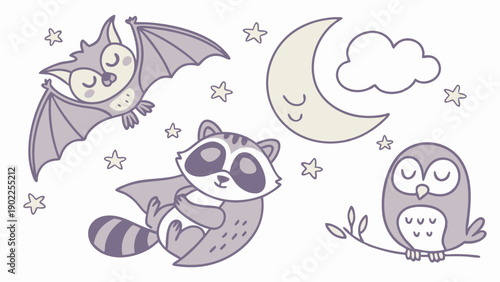 Good Night Nursery Decor Cute Sleeping Nocturnal Animals Set Bat Raccoon Owl Moon Stars Pastel Kids Illustration Design