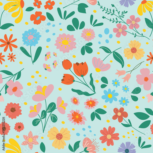 seamless whimsical floral patterns with colorful hand-drawn flowers on light backgrounds.