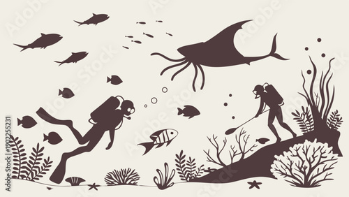 Scuba Divers Exploring Deep Ocean Floor Searching for Ancient Fossils and Giant Prehistoric Marine Life Discovery Adventure Silhouette Vector