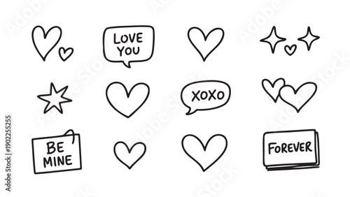 Sweet Hand-Drawn Love Doodles and Romantic Message Bubbles: Hearts, Stars, and Affectionate Phrases for Valentine's Day and Special Relationships